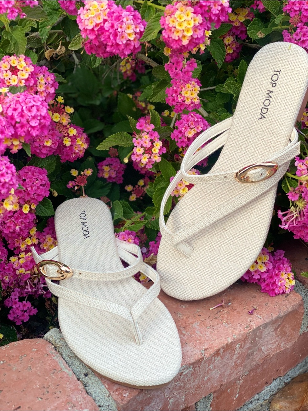 TOP Moda Cream Strappy Toe-Loop Sandals with Gold Buckle
